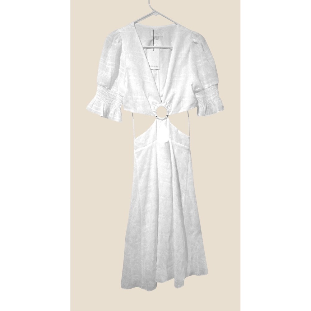 Sugarlips White Textured Plaid O-Ring Cut-Out Midi Dress V-Neck Puff Sleeve Sz S